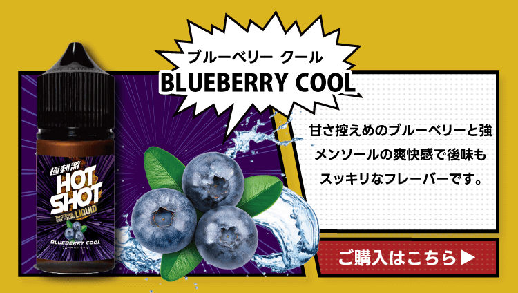 BLUEBERRY COOL甘さ控えめのブルーベリーと強メンソールの爽快感で後味もスッキリなフレーバーです。