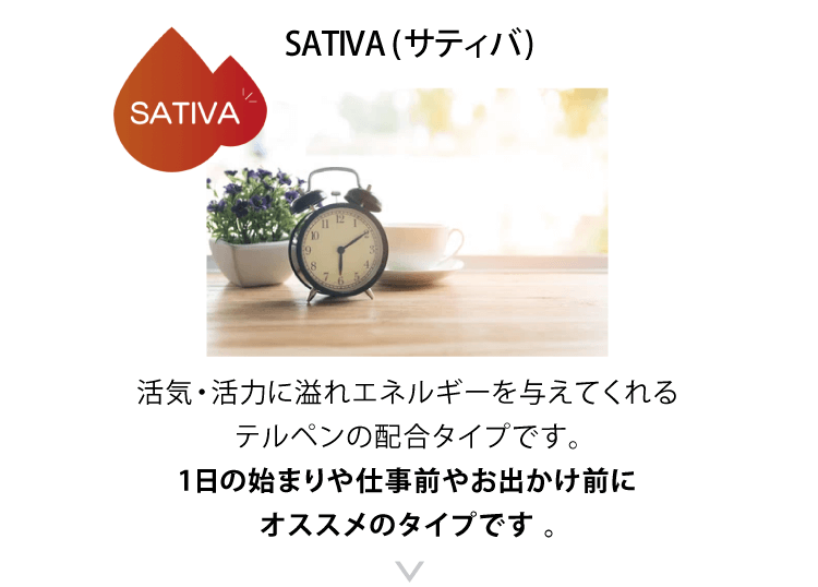 SATIVA (サティバ)　活気・活力に溢れエネルギーを与えてくれるテルペンの配合タイプです。1日の始まりや仕事前やお出かけ前にオススメのタイプです 。