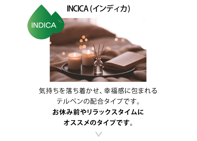 INCICA (インディカ)気持ちを落ち着かせ、幸福感に包まれるテルペンの配合タイプです。お休み前やリラックスタイムにオススメのタイプです。