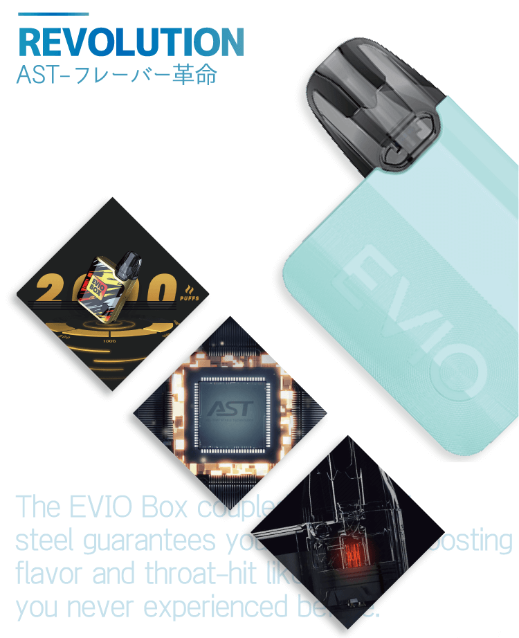 AST-フレーバー革命「The EVIO Box coupled with AST steel guarantees you with super boostingflavor and throat-hit likeyou never experienced before.」